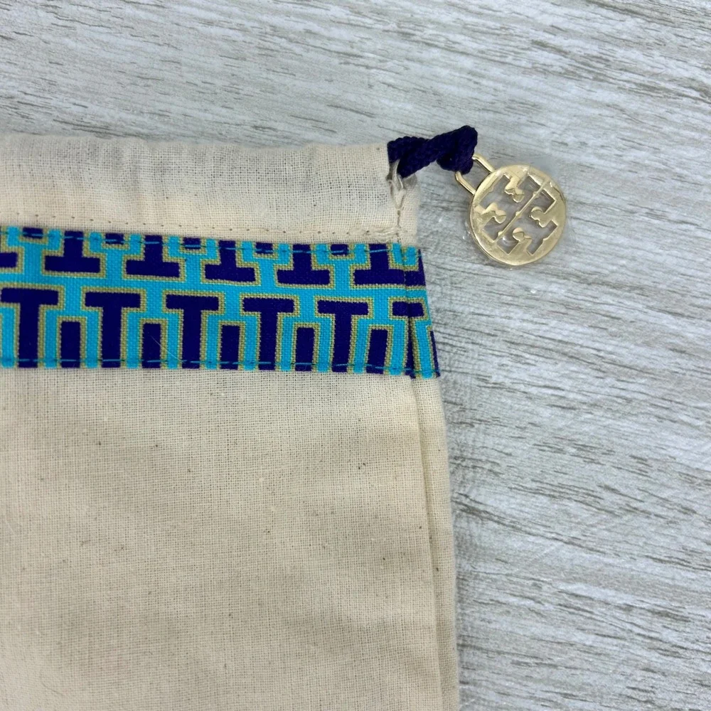 Tory Burch Cosmetic Pouch‎ Travel Bag Drawstring Logo Charm Canvas Beige Blue